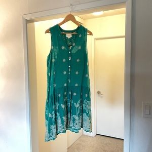 Anthropologie Maeve green embroidered drop waist dress M